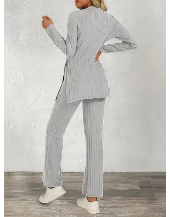 Kadın Uzun Kollu Bisiklet Yaka Yandan Yırtmaçlı şardonlu Kaşkorse Bluz Ve Pantolon Ikili Takım