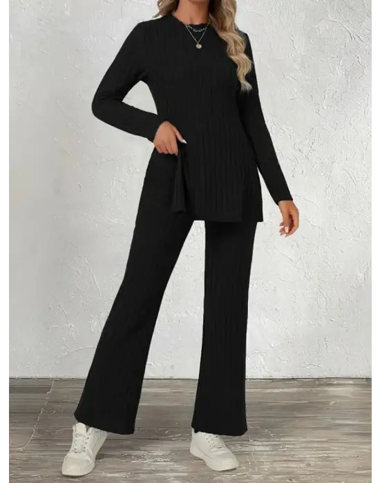 Kadın Uzun Kollu Bisiklet Yaka Yandan Yırtmaçlı şardonlu Kaşkorse Bluz Ve Pantolon Ikili Takım