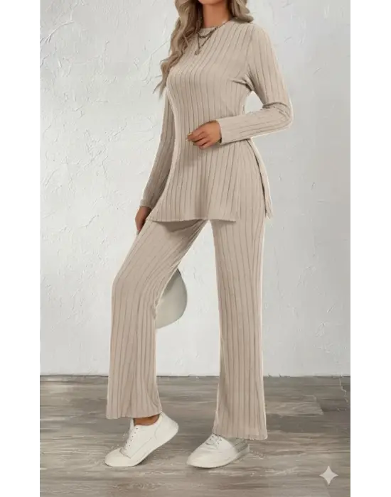 Kadın Uzun Kollu Bisiklet Yaka Yandan Yırtmaçlı şardonlu Kaşkorse Bluz Ve Pantolon Ikili Takım