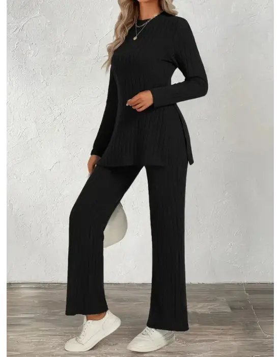 Kadın Uzun Kollu Bisiklet Yaka Yandan Yırtmaçlı şardonlu Kaşkorse Bluz Ve Pantolon Ikili Takım