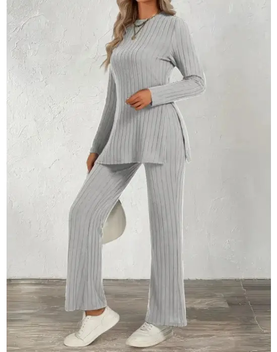 Kadın Uzun Kollu Bisiklet Yaka Yandan Yırtmaçlı şardonlu Kaşkorse Bluz Ve Pantolon Ikili Takım