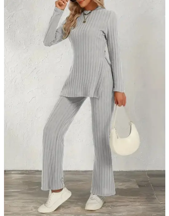 Kadın Uzun Kollu Bisiklet Yaka Yandan Yırtmaçlı şardonlu Kaşkorse Bluz Ve Pantolon Ikili Takım