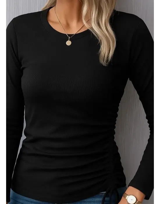 Kadın Uzun Kollu Bisiklet Yaka Yanları Ve Kolları Büzgülü Kadife Bluz