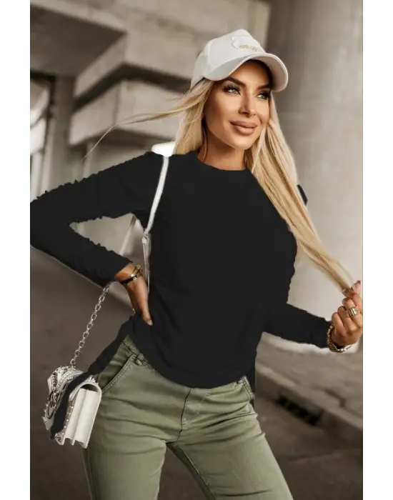 Kadın Uzun Kollu Bisiklet Yaka Yanları Ve Kolları Büzgülü Kadife Bluz