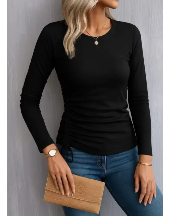 Kadın Uzun Kollu Bisiklet Yaka Yanları Ve Kolları Büzgülü Kadife Bluz