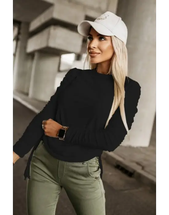 Kadın Uzun Kollu Bisiklet Yaka Yanları Ve Kolları Büzgülü Kadife Bluz