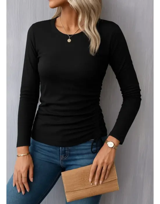 Kadın Uzun Kollu Bisiklet Yaka Yanları Ve Kolları Büzgülü Kadife Bluz