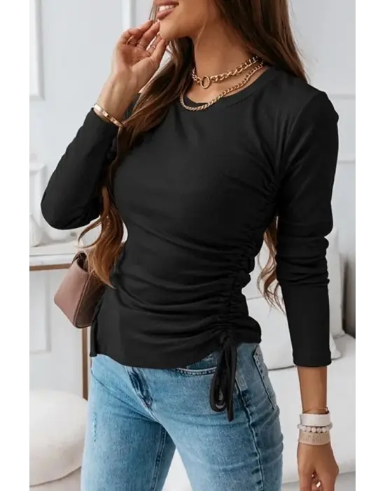 Kadın Uzun Kollu Bisiklet Yaka Yanları Ve Kolları Büzgülü Kadife Bluz