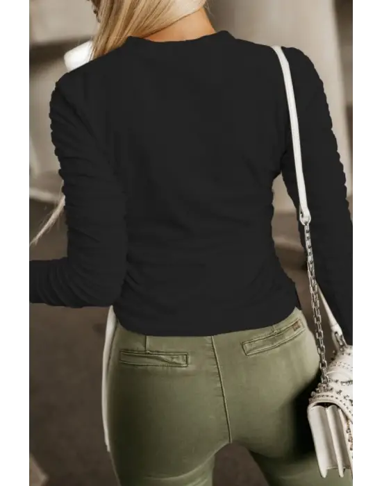 Kadın Uzun Kollu Bisiklet Yaka Yanları Ve Kolları Büzgülü Kadife Bluz