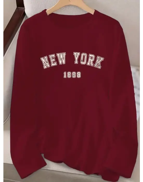 Kadın Uzun Kollu Bisiklet Yaka Yazı Baskılı Viskon Bluz