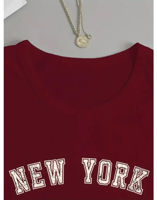 Kadın Uzun Kollu Bisiklet Yaka Yazı Baskılı Viskon Bluz