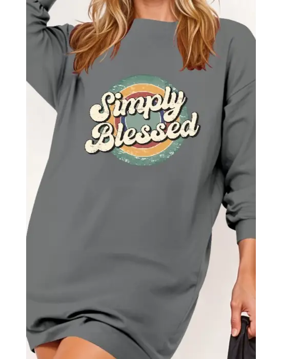 Kadın Uzun Kollu Bisiklet Yaka Yazılı Viskon Iki Iplik Elbise