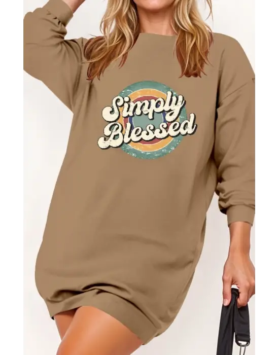 Kadın Uzun Kollu Bisiklet Yaka Yazılı Viskon Iki Iplik Elbise