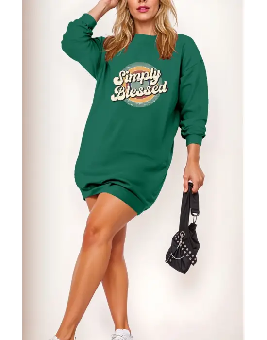 Kadın Uzun Kollu Bisiklet Yaka Yazılı Viskon Iki Iplik Elbise