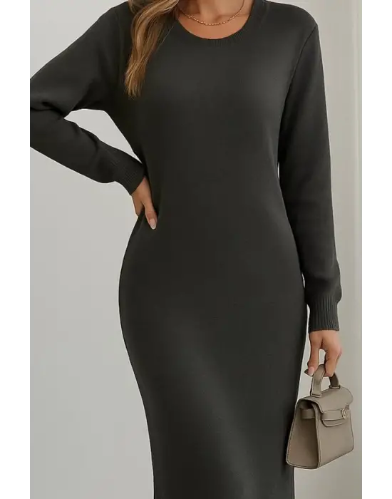 Kadın Uzun Kollu Bisiklet Yaka Yırtmaç Detay Triko Midi Boy Elbise