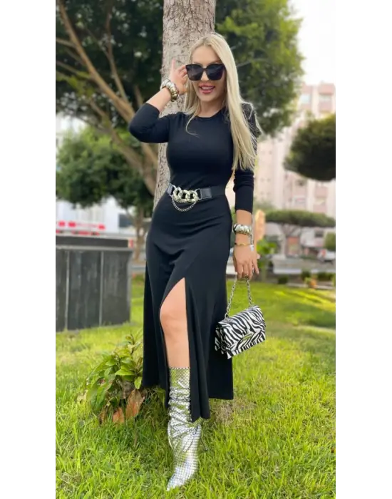 Kadın Uzun Kollu Bisiklet Yaka Yırtmaçlı Kemerli Uzun çilek Elbise