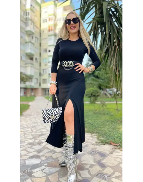 Kadın Uzun Kollu Bisiklet Yaka Yırtmaçlı Kemerli Uzun çilek Elbise