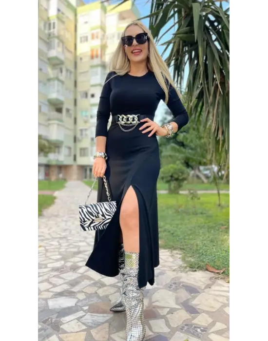 Kadın Uzun Kollu Bisiklet Yaka Yırtmaçlı Kemerli Uzun çilek Elbise