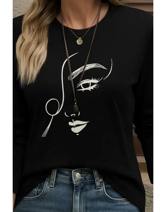 Kadın Uzun Kollu Bisiklet Yaka Yüz Desenli Viskon Bluz