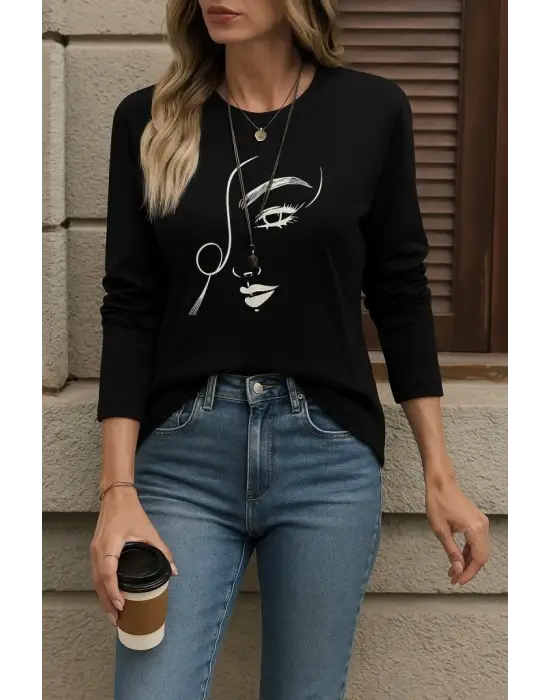 Kadın Uzun Kollu Bisiklet Yaka Yüz Desenli Viskon Bluz