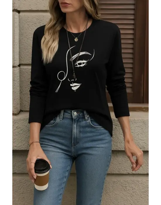Kadın Uzun Kollu Bisiklet Yaka Yüz Desenli Viskon Bluz