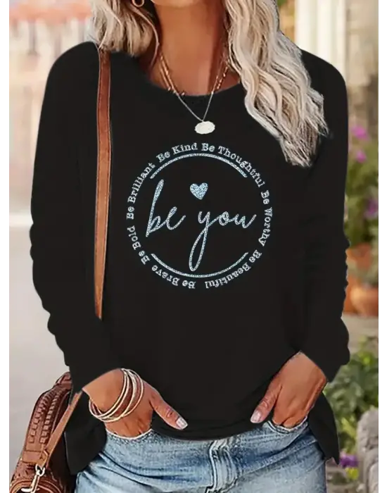 Kadın Uzun Kollu Bisiklet Yakabe Youdesenli Viskon Bluz