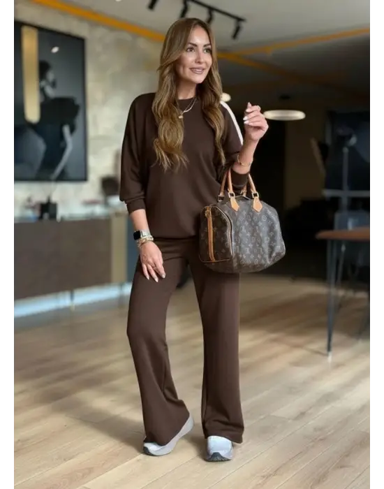 Kadın Uzun Kollu Bisiklet Yakalı Düğmeli Viskon Iki Iplik Bluz Ve Pantolon Ikili Takım