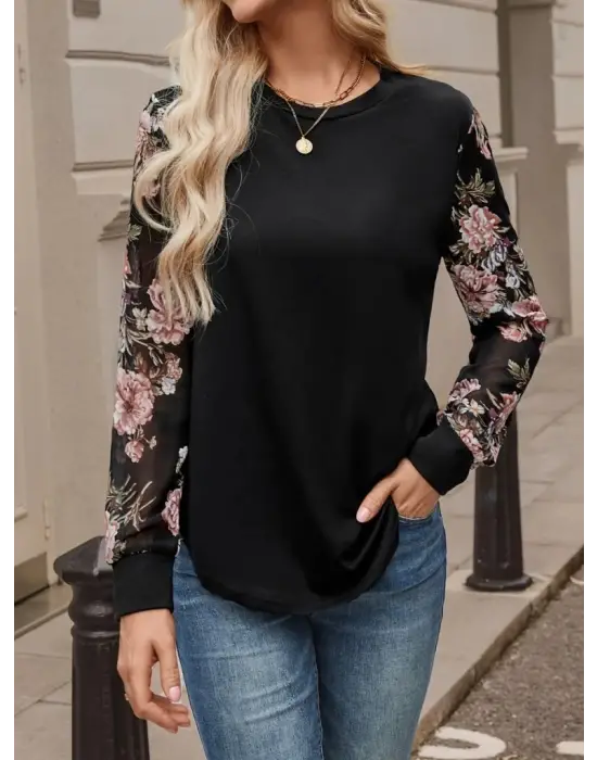 Kadın Uzun Kollu Bisiklet Yakalı Kolun çiçek Desenli Viskon Iki Iplik Bluz