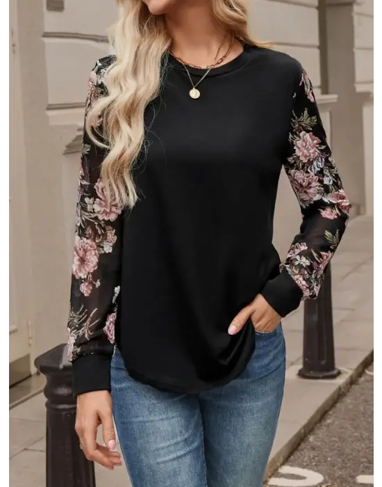 Kadın Uzun Kollu Bisiklet Yakalı Kolun çiçek Desenli Viskon Iki Iplik Bluz