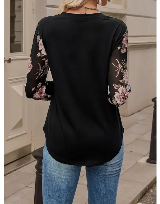 Kadın Uzun Kollu Bisiklet Yakalı Kolun çiçek Desenli Viskon Iki Iplik Bluz