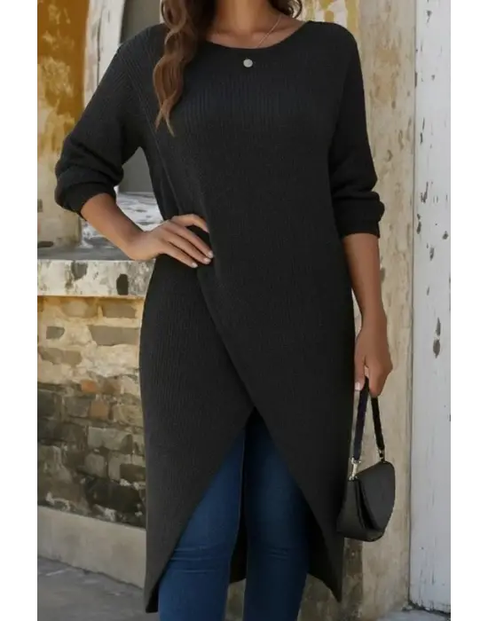 Kadın Uzun Kollu Bisiklet Yakalı önden çapraz Kesim Detaylı Midi Triko Elbise
