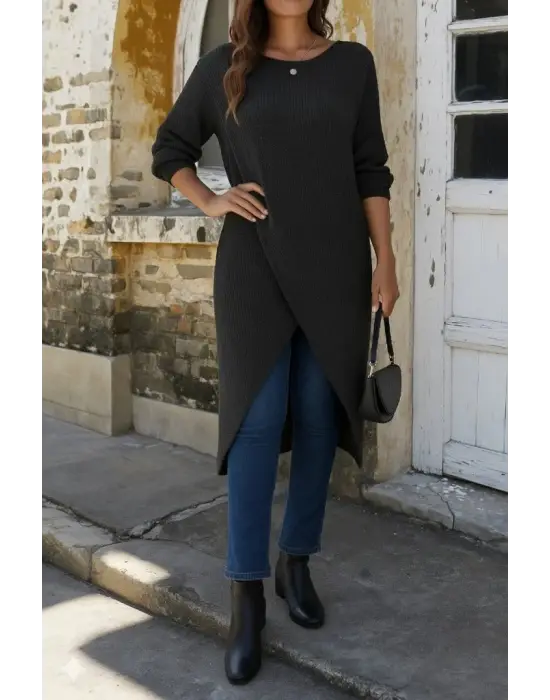 Kadın Uzun Kollu Bisiklet Yakalı önden çapraz Kesim Detaylı Midi Triko Elbise