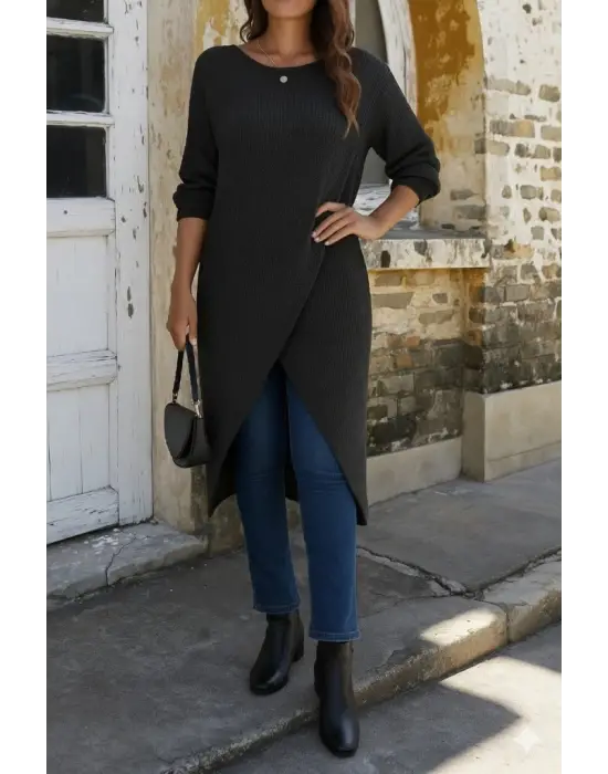 Kadın Uzun Kollu Bisiklet Yakalı önden çapraz Kesim Detaylı Midi Triko Elbise