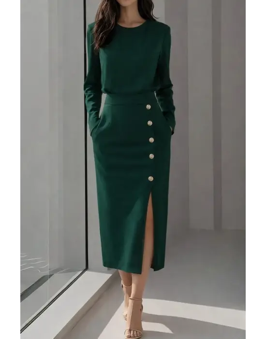 Kadın Uzun Kollu Bisiklet Yakalı Yandan Yırtmaçlı Düğmeli Midi Ithal Krep Elbise