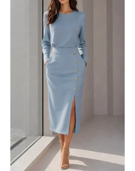 Kadın Uzun Kollu Bisiklet Yakalı Yandan Yırtmaçlı Düğmeli Midi Ithal Krep Elbise