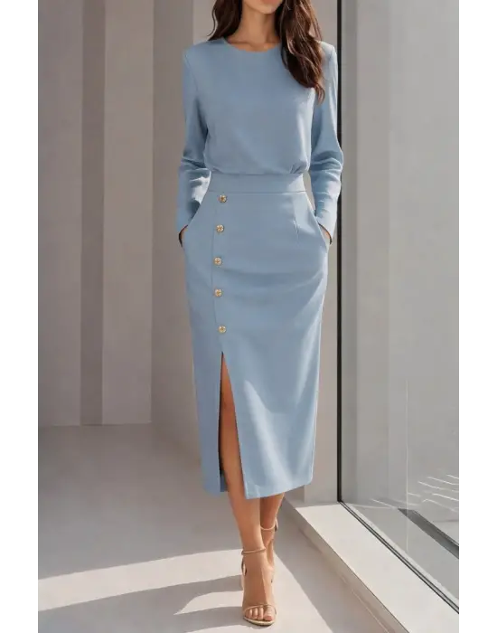 Kadın Uzun Kollu Bisiklet Yakalı Yandan Yırtmaçlı Düğmeli Midi Ithal Krep Elbise