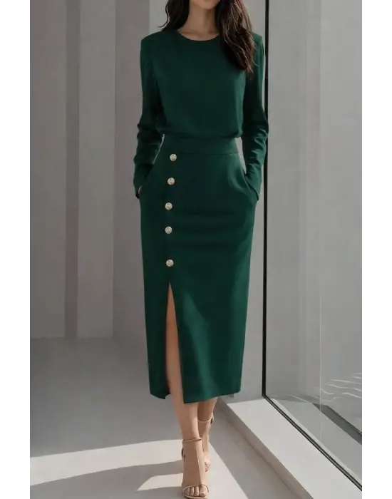 Kadın Uzun Kollu Bisiklet Yakalı Yandan Yırtmaçlı Düğmeli Midi Ithal Krep Elbise