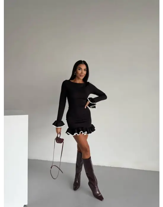 Kadın Uzun Kollu Biye Ve Volan Detaylı Dalgıç Kumaş Mini Elbise