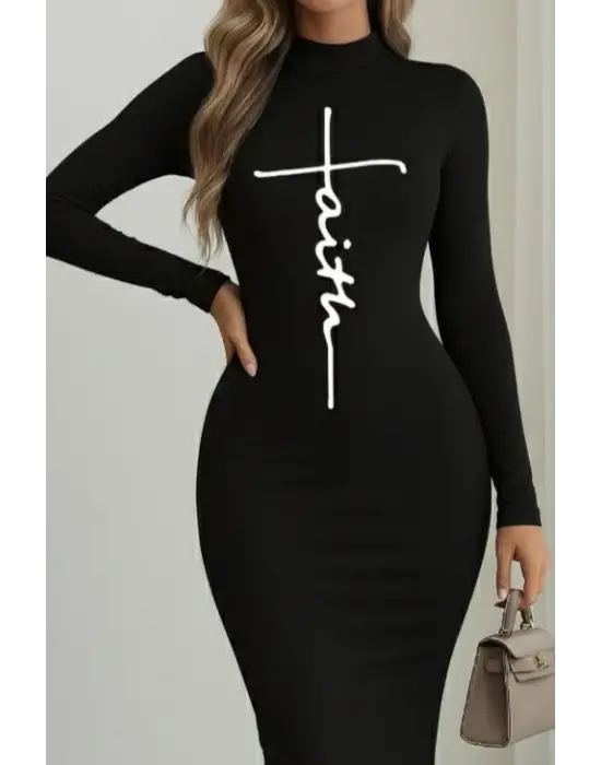 Kadın Uzun Kollu Boğazlı Baskı Detaylı Viskon Tam Boy Elbise