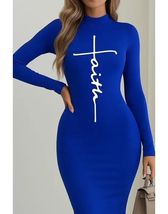 Kadın Uzun Kollu Boğazlı Baskı Detaylı Viskon Tam Boy Elbise