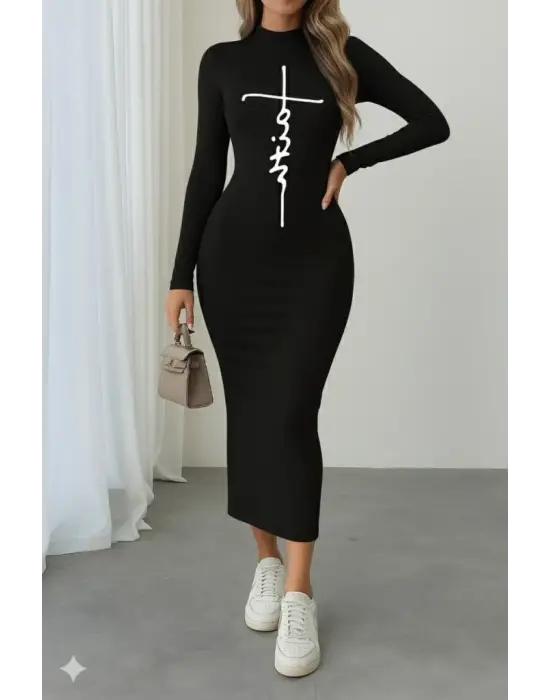 Kadın Uzun Kollu Boğazlı Baskı Detaylı Viskon Tam Boy Elbise