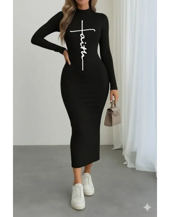 Kadın Uzun Kollu Boğazlı Baskı Detaylı Viskon Tam Boy Elbise