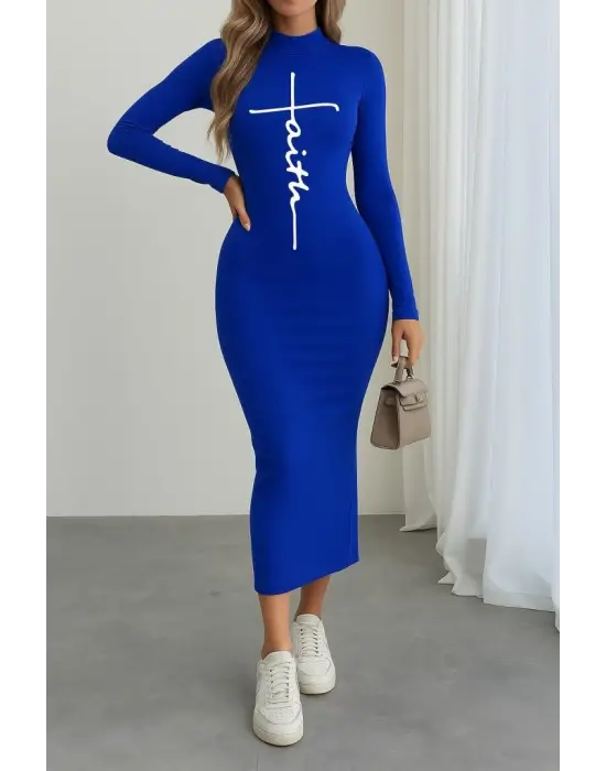 Kadın Uzun Kollu Boğazlı Baskı Detaylı Viskon Tam Boy Elbise