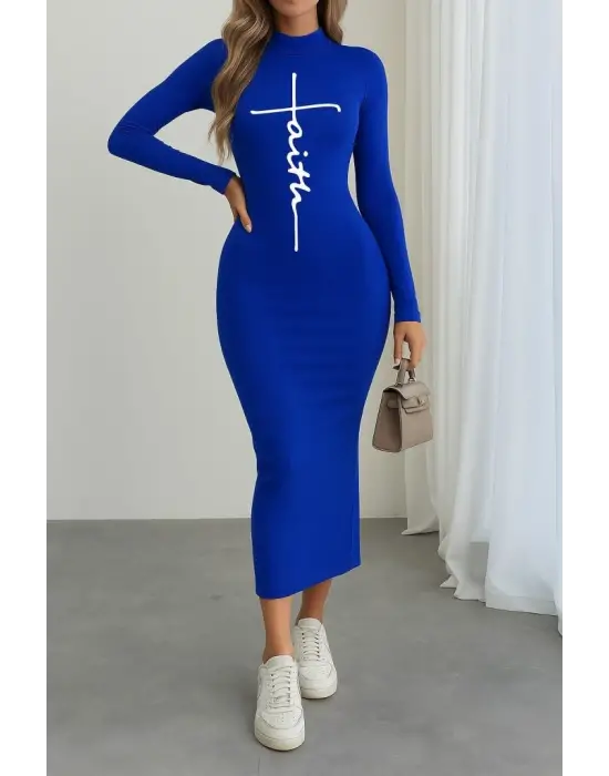 Kadın Uzun Kollu Boğazlı Baskı Detaylı Viskon Tam Boy Elbise