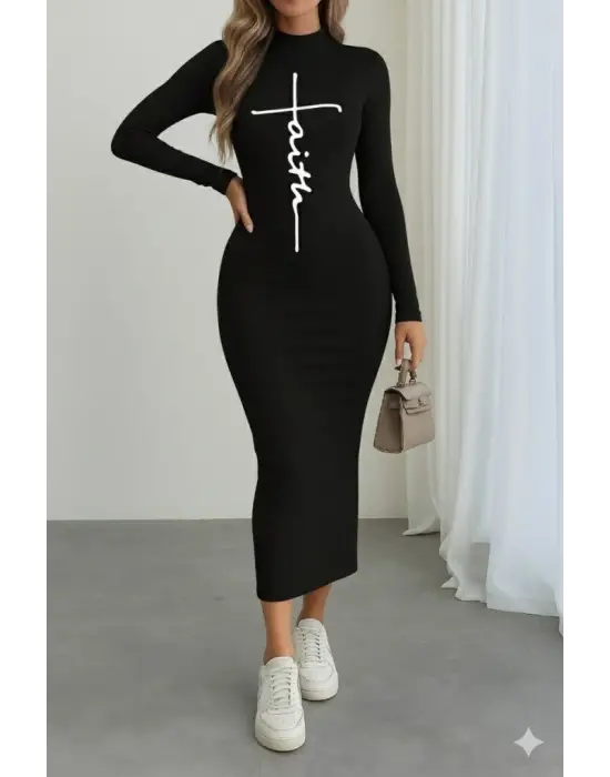 Kadın Uzun Kollu Boğazlı Baskı Detaylı Viskon Tam Boy Elbise