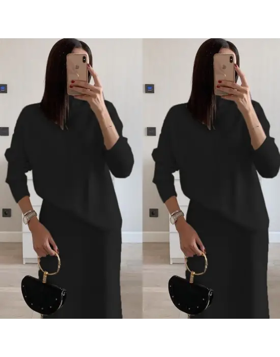 Kadın Uzun Kollu Boğazlı Kazak Ve Yanı Yırtmaçlı Etek Akrilik Ikili Takım