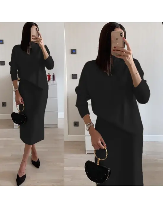 Kadın Boğazlı Kazak ve Yırtmaçlı Etek İkili Takım