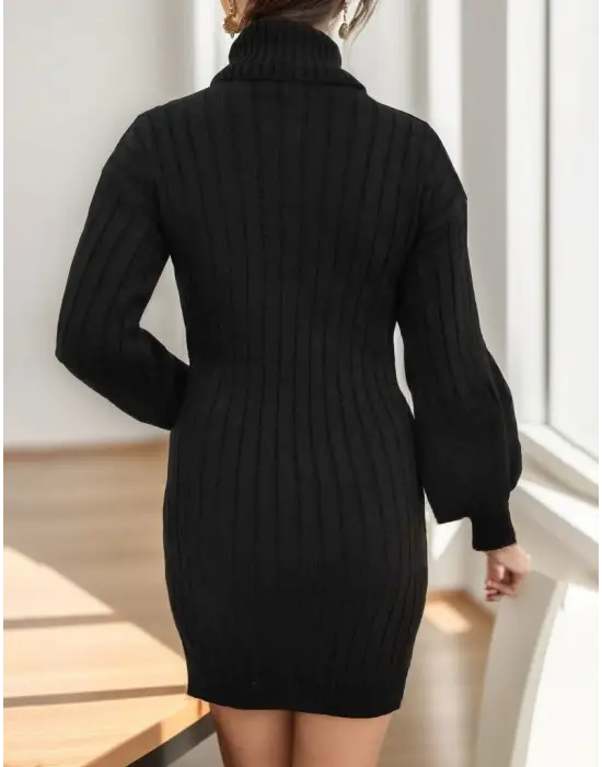 Kadın Uzun Kollu Boğazlı Uzun Balon Kol Triko Mini Elbise