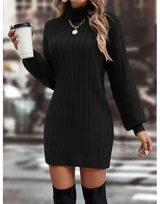 Kadın Uzun Kollu Boğazlı Uzun Balon Kol Triko Mini Elbise