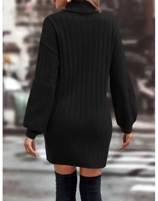 Kadın Uzun Kollu Boğazlı Uzun Balon Kol Triko Mini Elbise